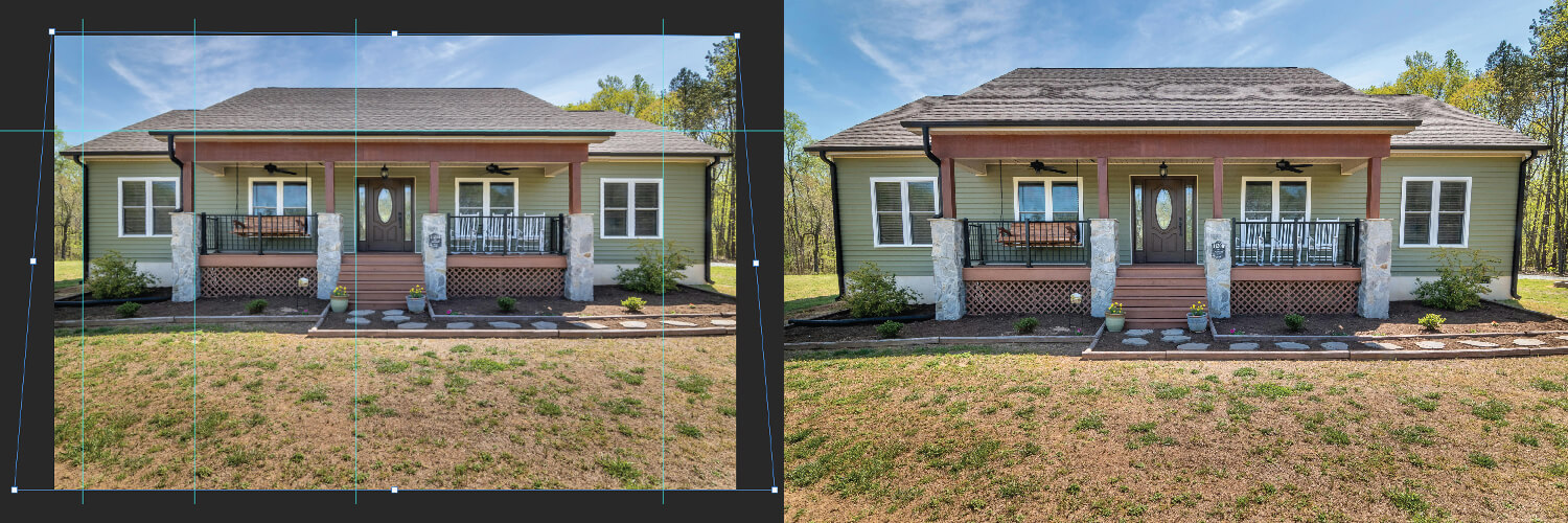 Real estate exterior image corrected for skewed lines and converging edges