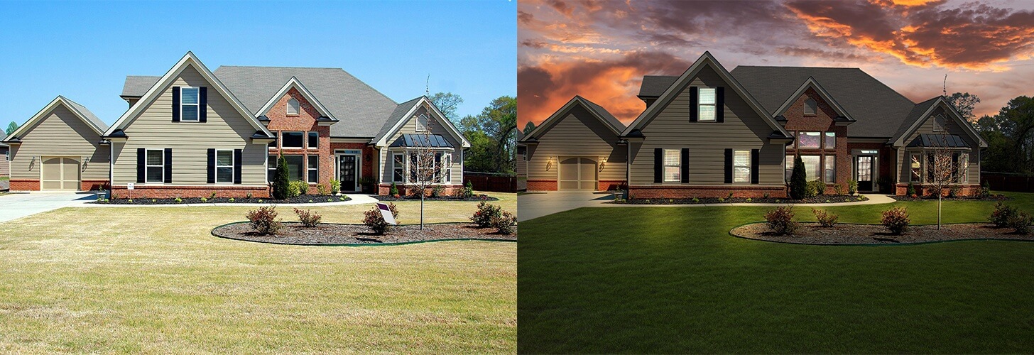 Day-to-dusk real estate photo with realistic twilight atmosphere
