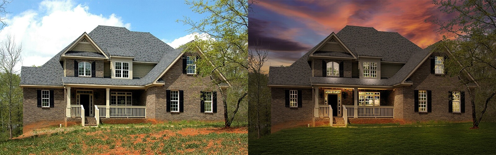 Day-to-dusk property image enhanced with realistic evening sky