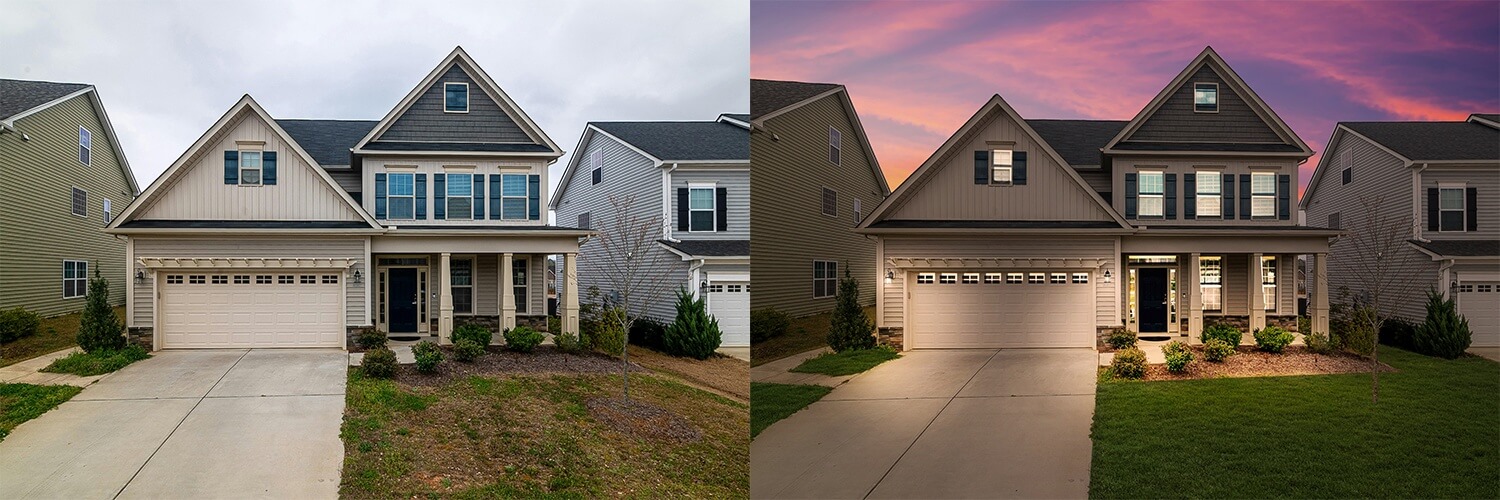 Real estate image enhanced with sunset sky and twilight glow for listing presentation